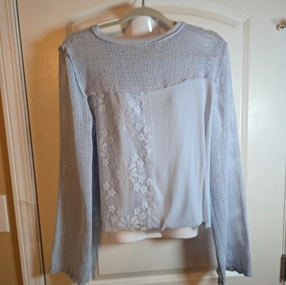 POL Lace Detail Women's Blouse in Light Blue